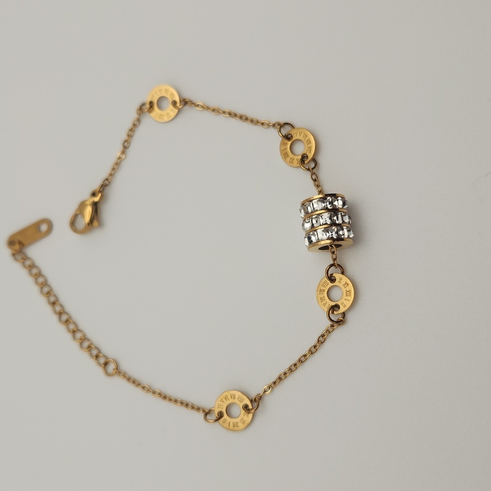 Gold Tone Roman Numeral Chain Bracelet | Zircon Accent Detail | Elegant Minimal - Picture 4 of 7